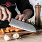 Grandsharp 7 Inch 10CR15MOV Damascus Steel Kitchen Chef Santoku Knife Cutting with Blue Resin & Solidified Wood Handle