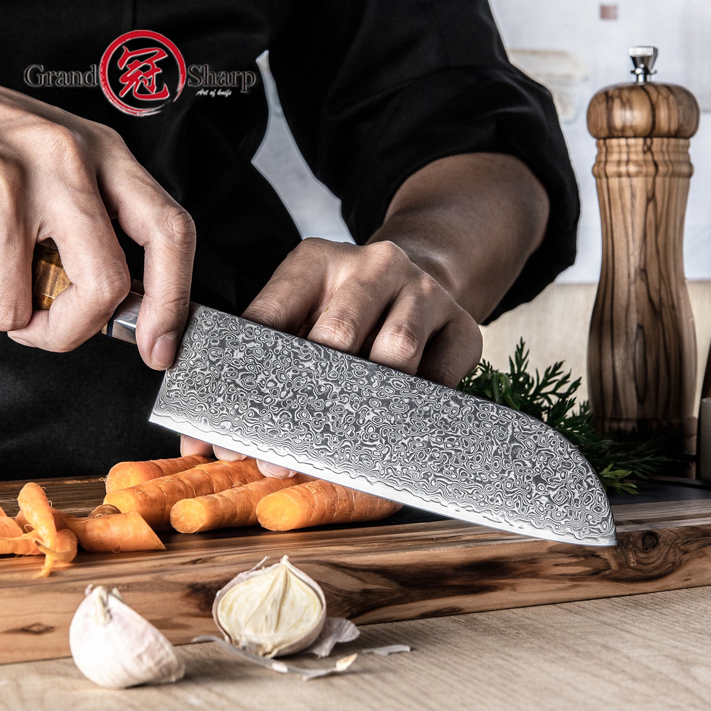 Grandsharp 7 Inch 10CR15MOV Damascus Steel Kitchen Chef Santoku Knife Cutting with Blue Resin & Solidified Wood Handle