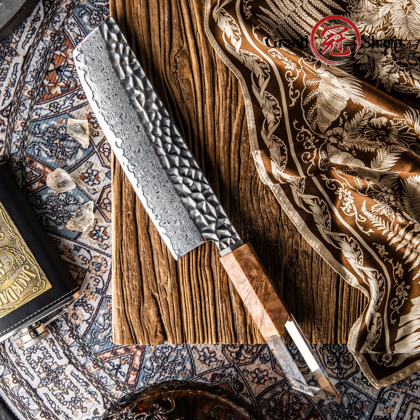 Grandsharp Original Design AUS-10 Damascus Nakiri Knife New Blade Technique