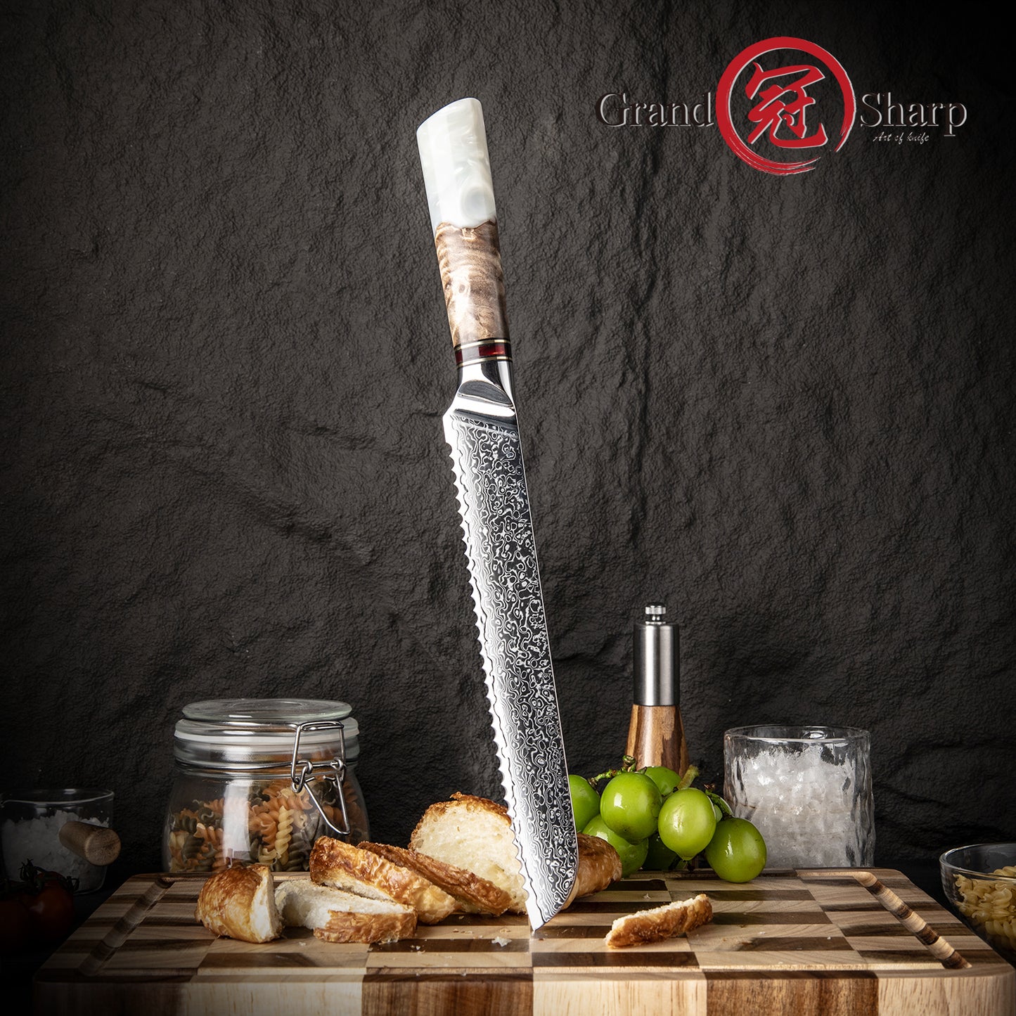 Grandsharp Damascus Steel 8.5 Inch Kitchen Bread Knife White Resin & Solidified Wood Handle