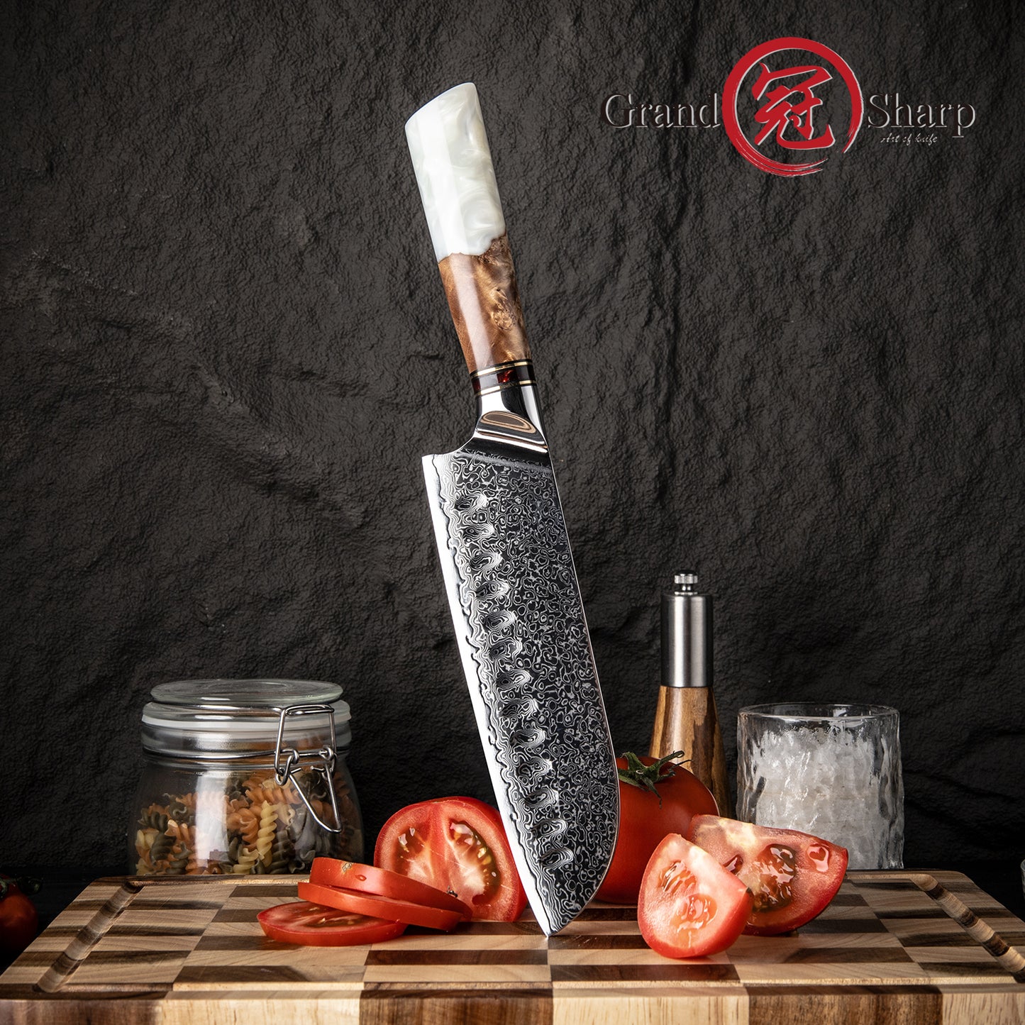 Grandsharp 7 Inch Damascus Steel Kitchen Santoku Knife 10Cr15MoV White Resin & Solidified Wood Handle