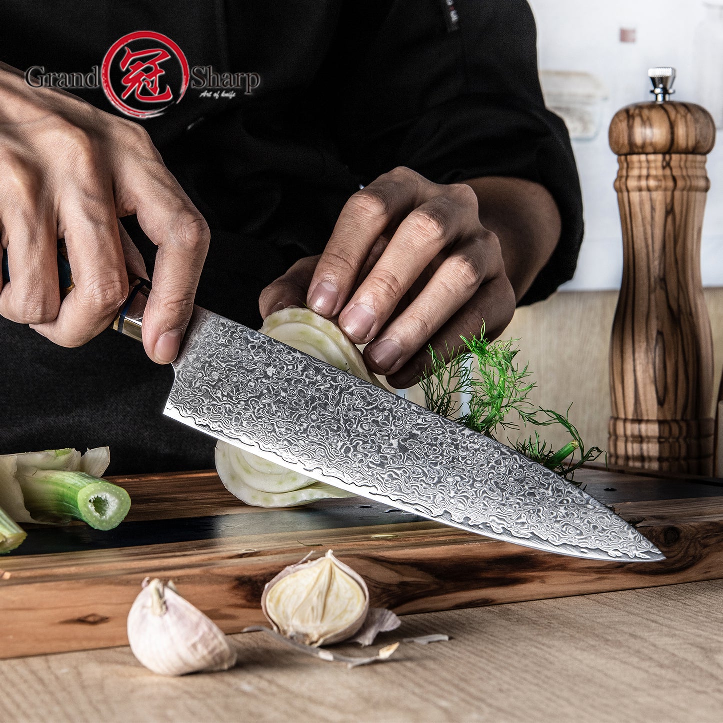 Grandsharp Damascus 10Cr15CoMoV Kitchen Chef Bread Paring Fruit Cleaver Knife Set