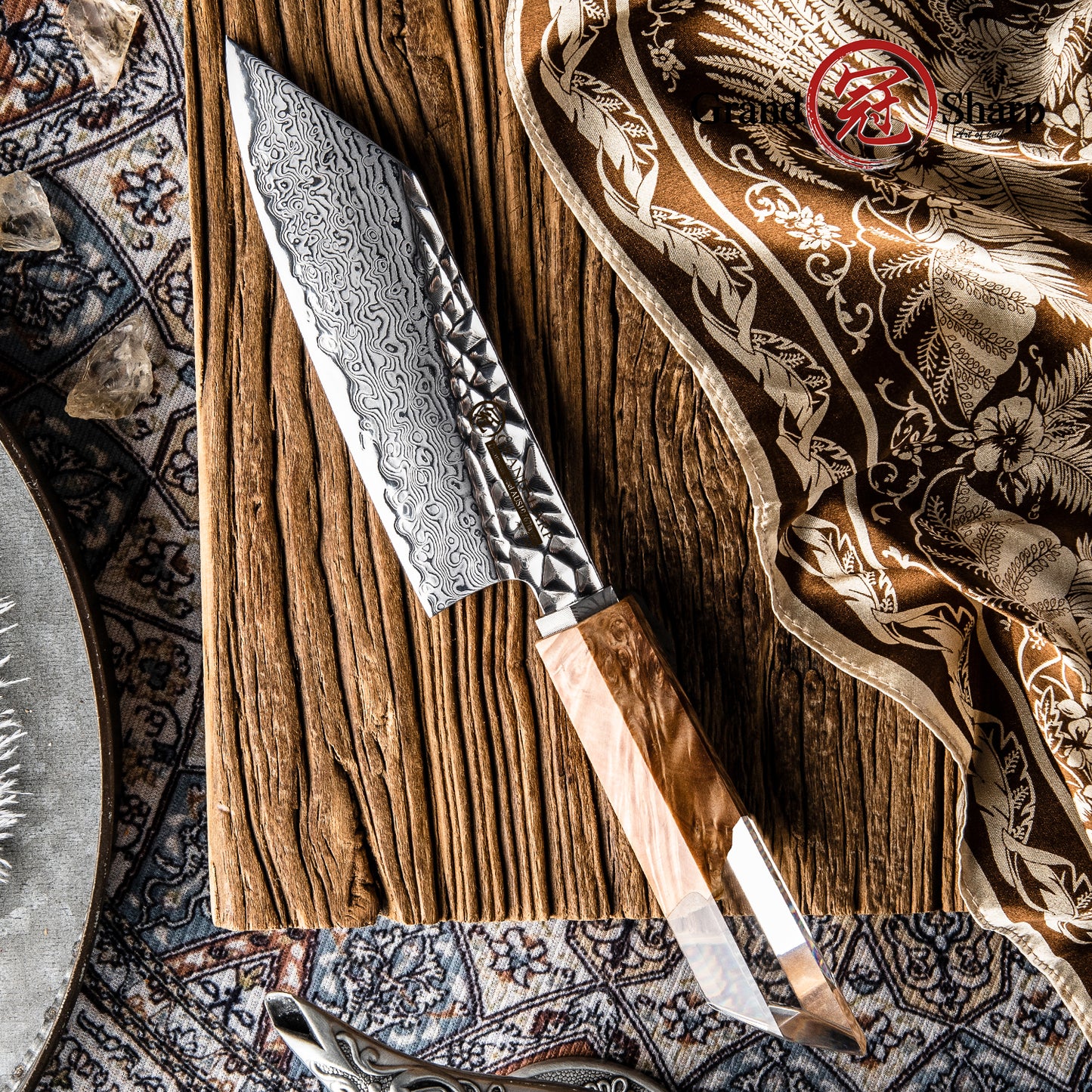 Grandsharp 5.5 Inch Japanese Bunka Knife AUS10 Core 67 Layers Damascus Steel Kitchen Bunka Knives Stabilized Wood & Resin Handle