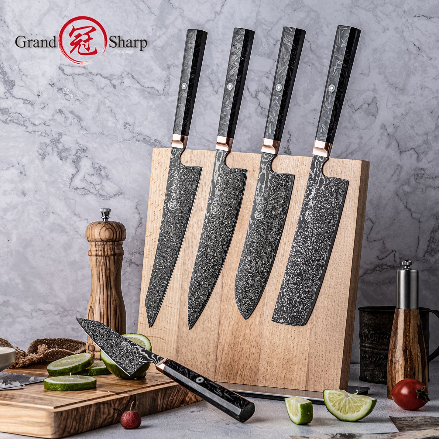 Grandsharp Kitchen Black Chef Knife Set Japanese 67 Layers Damascus Steel Kiritsuke Nakiri Bunka Knives Sets Carbon Fiber Handle
