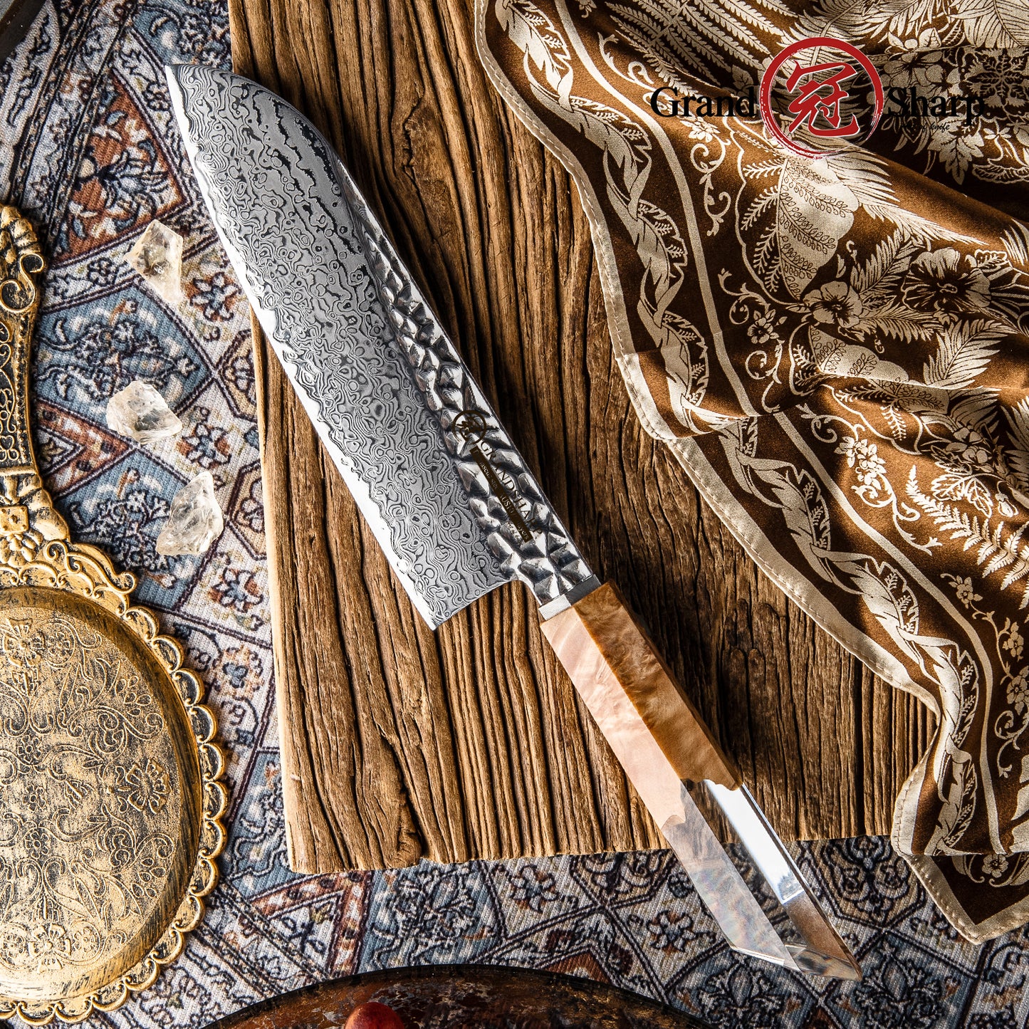 Grandsharp Premium Kitchen Santoku Knife 67 Layers 7 Inch Damascus Steel Santoku Knives with Stabilized Wood & Resin Handle