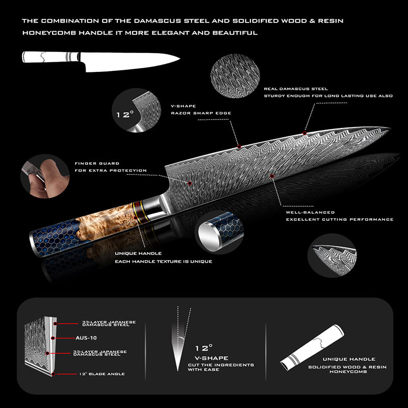 Damascus Kitchen Knives AUS- 10 Japanese Chef Knife Cleaver Paring Bread Utility Knife Cooking Tool with Gift Box
