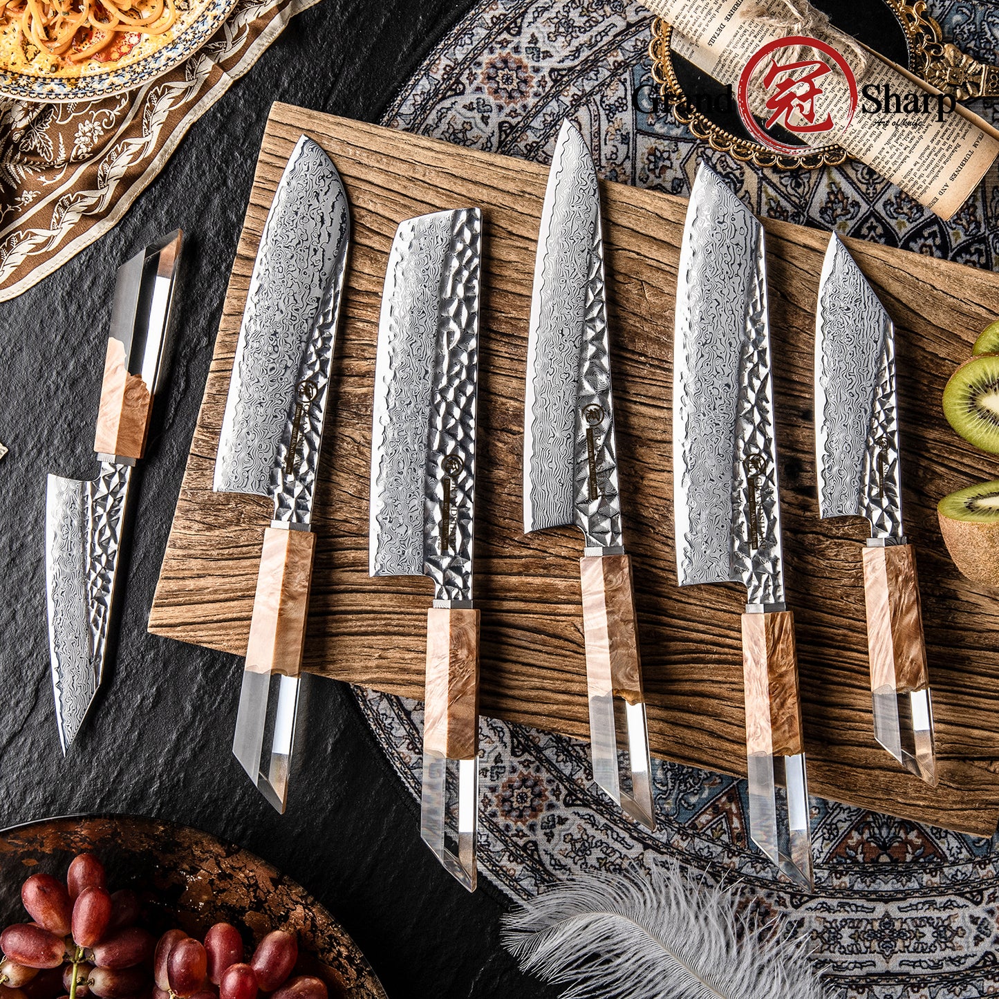 GRANDSHARP Kitchen Knife Set 1-6 Pcs 67 Layers Damascus Steel AUS10 Core Blade Transparent Resin&Wood Handle for Cooking Slicing