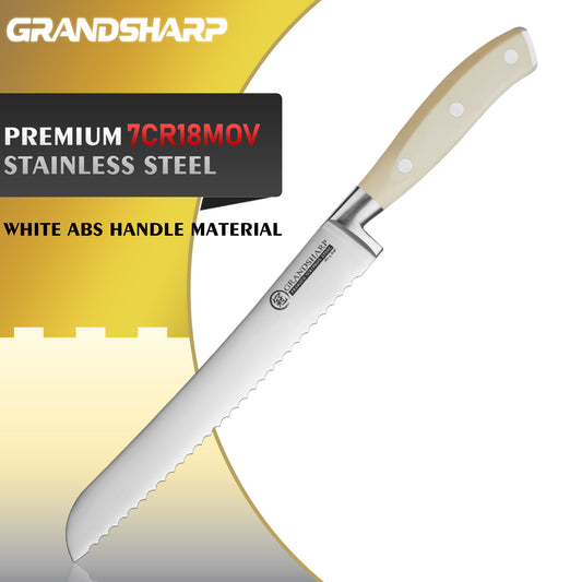 Grandsharp 7.6'' Premium bread knife 7Cr18Mov Stainless Steel with ABS White Resin Handle Bread Cutting Serrated Knife