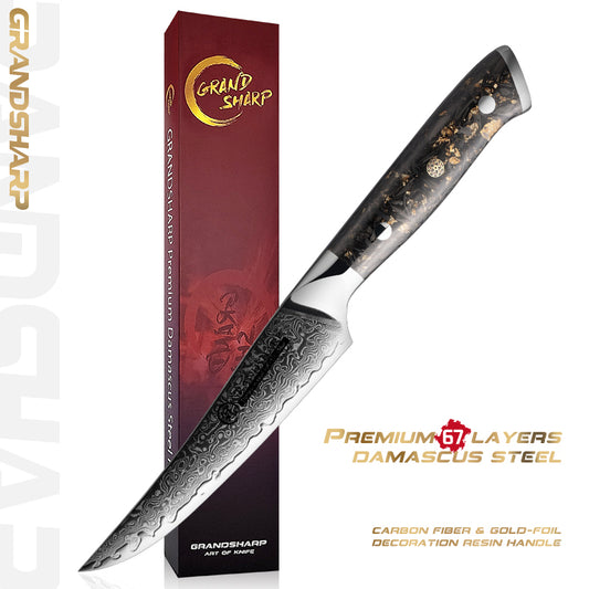 Grandsharp 67 Layers Damascus High Carbon Stainless Steel Kitchen Knife Steak Knife With Carbon Fiber and Gold-foil Resin Handle