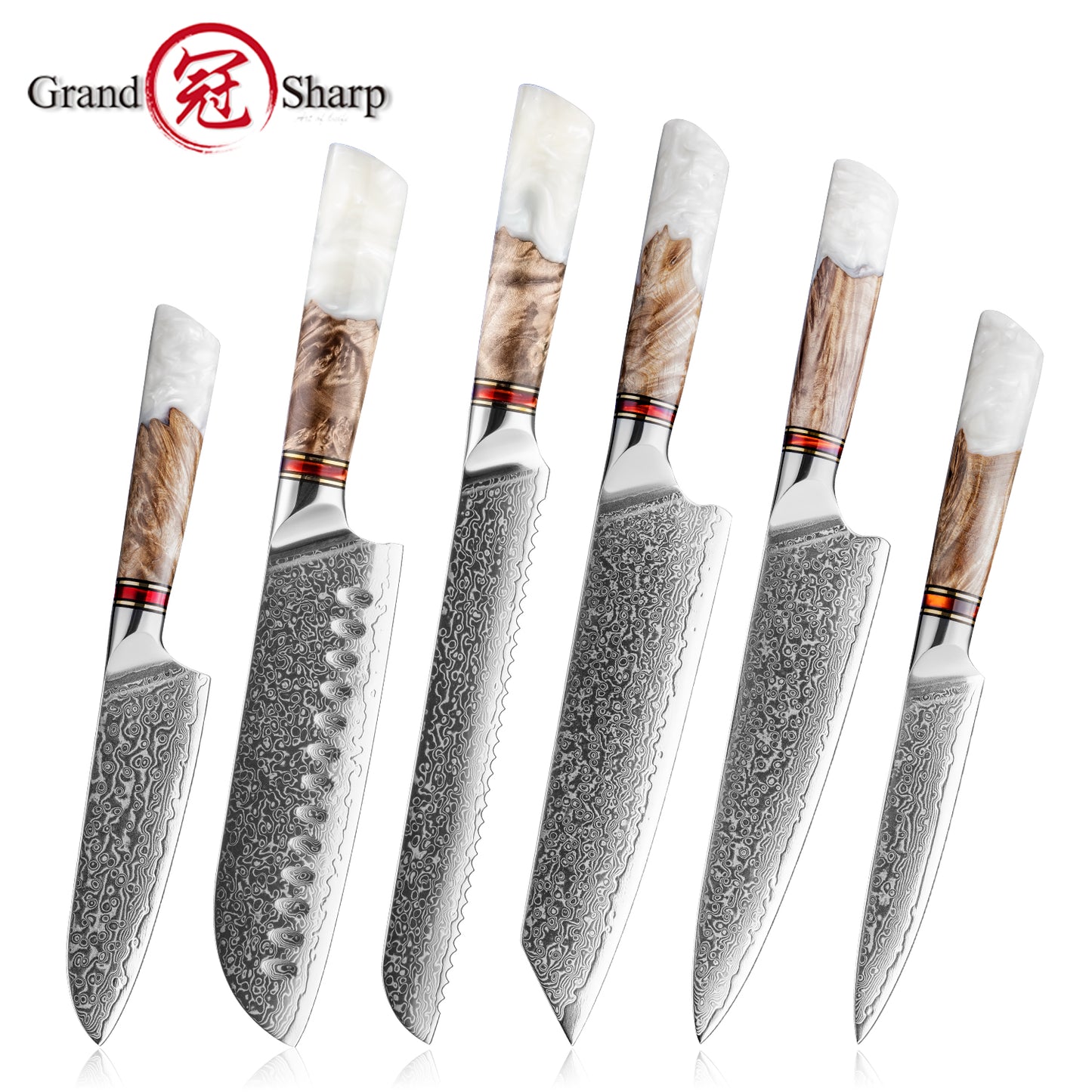 Grandsharp 10Cr15CoMoV Damascus Kitchen Knife Collection with White Handle