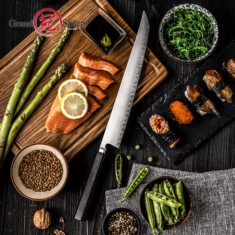 Grandsharp Handmade 5 Layers Clad High Carbon Stainless Steel Kitchen Chef Sakimaru Sushi Knife Ciricote Wood Handle