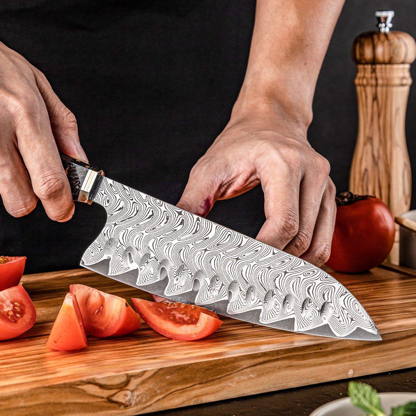 Grandsharp 7.3" Santoku Knife 67 Layers Damascus Steel AUS-10 Core Pro Kitchen Knive With Carbon Fiber & Gold-Foil & Resin Handle