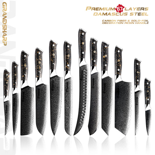 Grandsharp Premium 67 Layers Damascus Stainless Steel Kitchen Chef Knife Sets with Black Carbon Fiber and Gold-foil Resin Handle