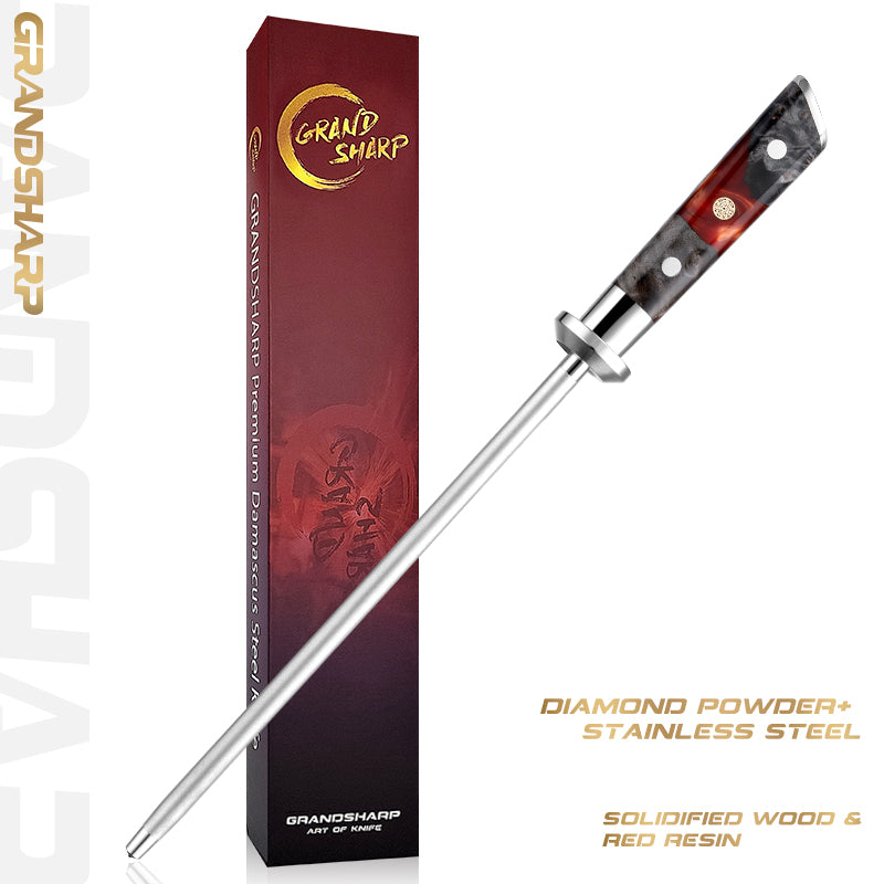 High Quality 10 Inch Kitchen Knife Blade Sharpener Diamond Sharpening Rod Tool with Solidified Wood & Red Resin Handle