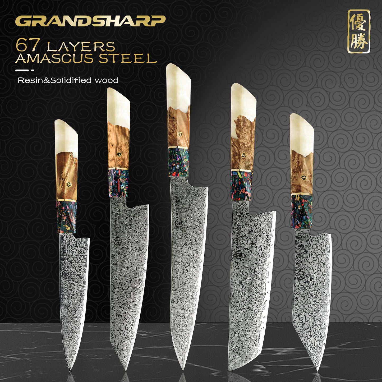 Grandsharp White Resin Handle Kiritsuke 67 Layers Real Damascus Chef Paring Utility Knife Multifunctional Kitchen Knives Set