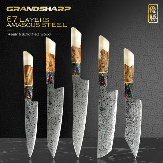 Grandsharp White Resin Handle Kiritsuke 67 Layers Real Damascus Chef Paring Utility Knife Multifunctional Kitchen Knives Set