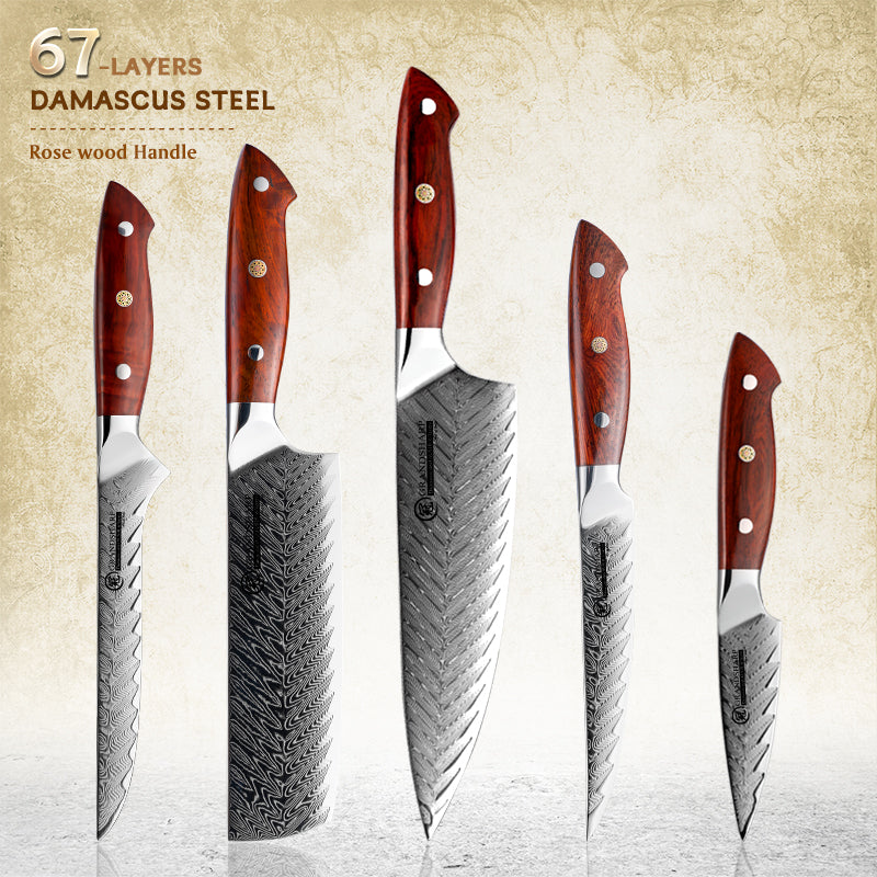 Grandsharp 5pcs Kitchen Knife Set Damascus Steel Knives High Carbon AUS10 Ultra Sharp Chef Knife Set