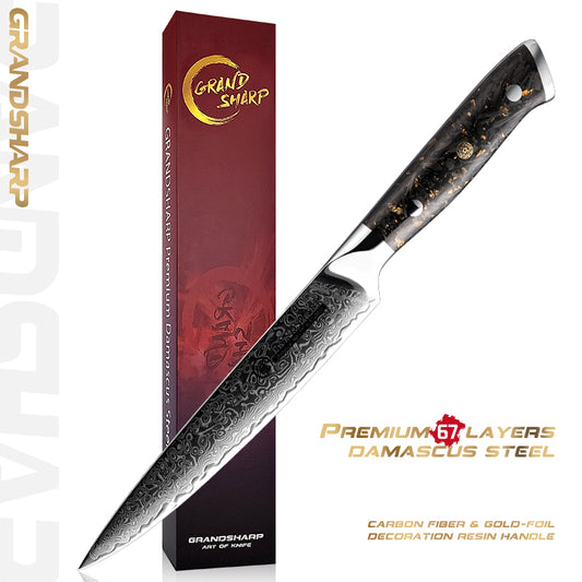 Grandsharp 5'' High Quality 67 Layers Utility Knife Damascus Steel Multi-purposes Kitchen Knife with Carbon Fiber Handle