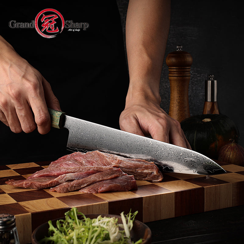 Grandsharp 9'' Chef Knife 67 Layer Damascus Carbon Steel Kitchen Chef Gyuto Knives Cutting Stable Solidfied Wood Handle