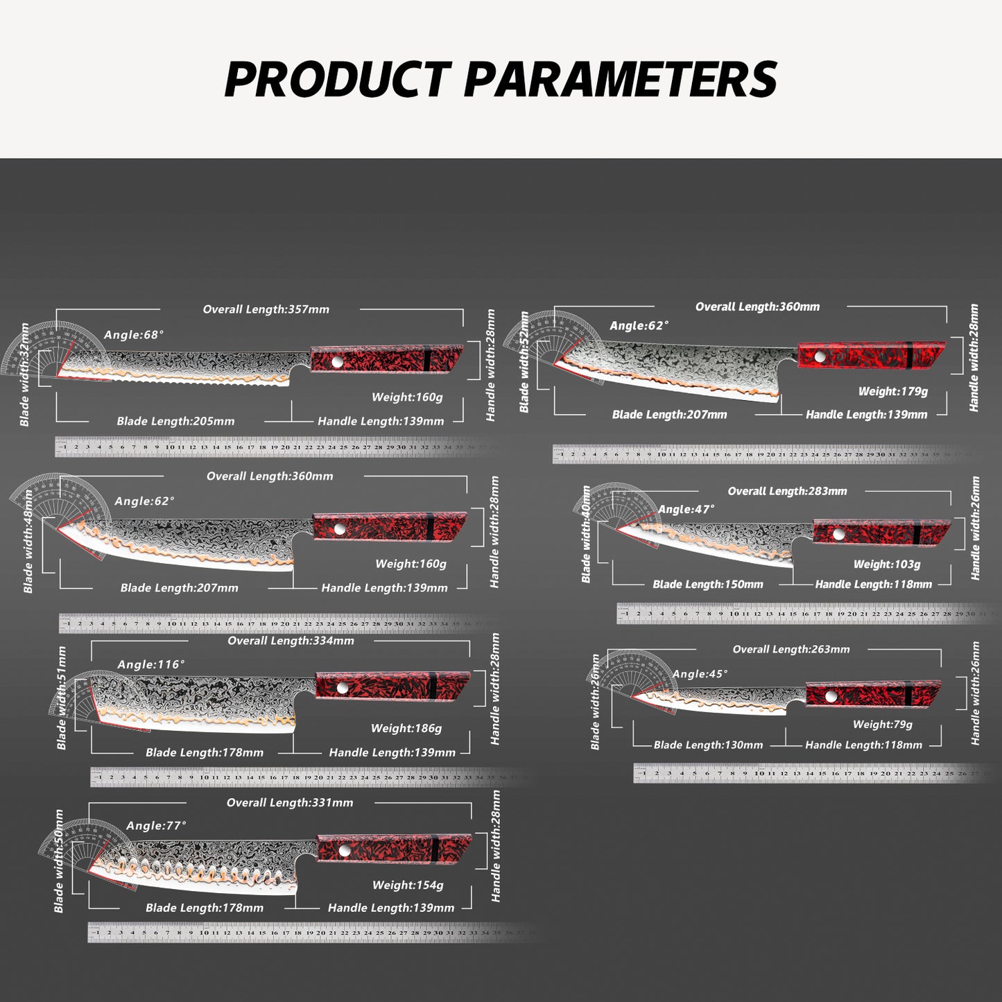 Grandsharp 55 Layers Copper Damascus Steel Kitchen Chef Knife Set Santoku Utility Knives Red Resin Carbon Fiber Handle