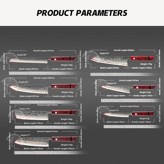 Grandsharp 55 Layers Copper Damascus Steel Kitchen Chef Knife Set Santoku Utility Knives Red Resin Carbon Fiber Handle