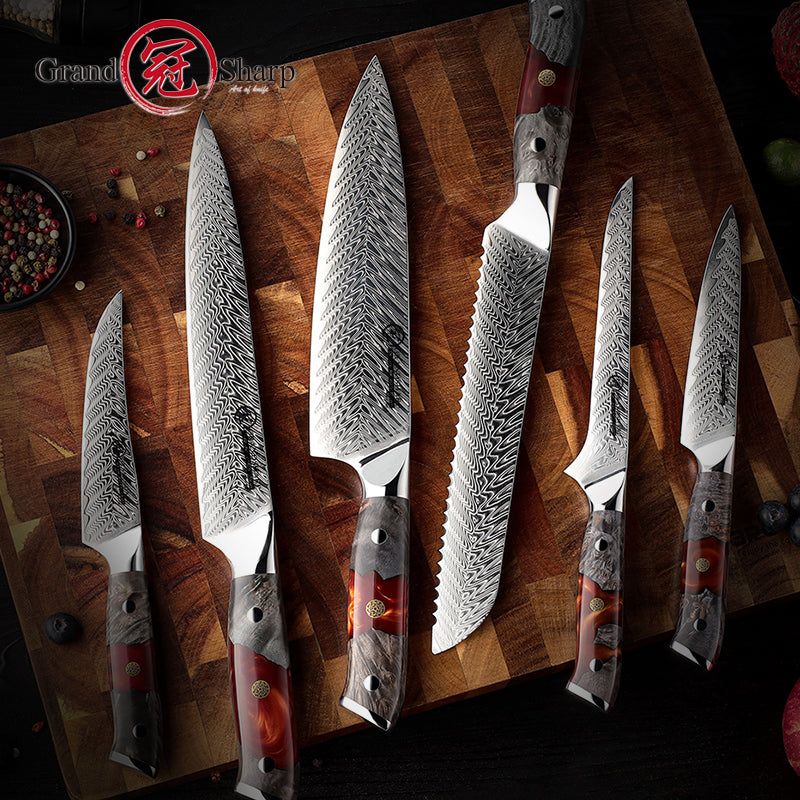Knife Block Set 9 Pcs Japanese Aus-10 Damascus Knife Set, Chef
