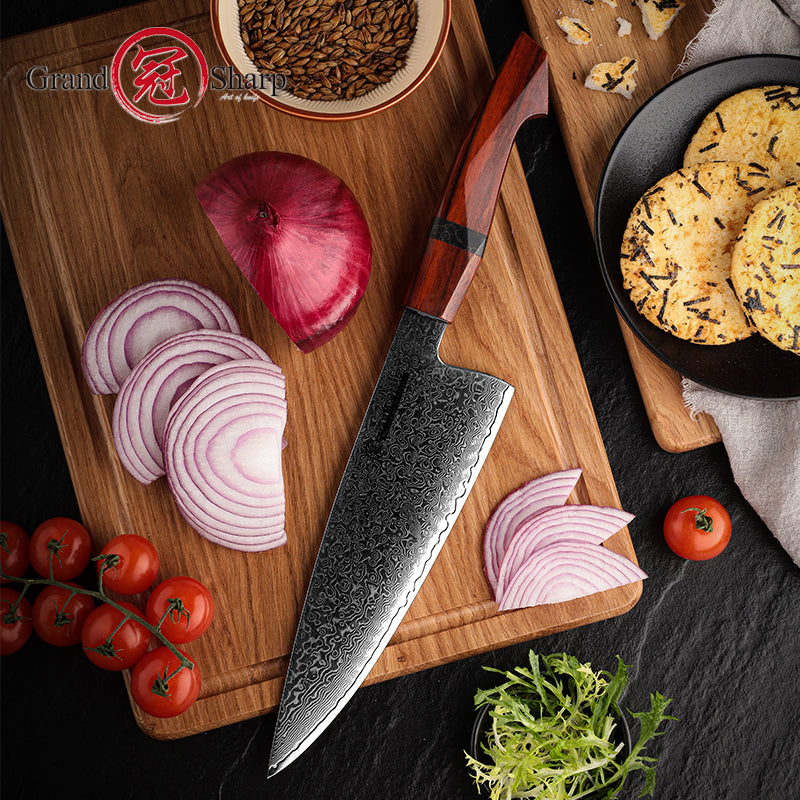 Grandsharp 8 Inch Damascus Chef Knife for Kitchen High Carbon Stainless Steel Cutting Knife Sandal Wood Handle
