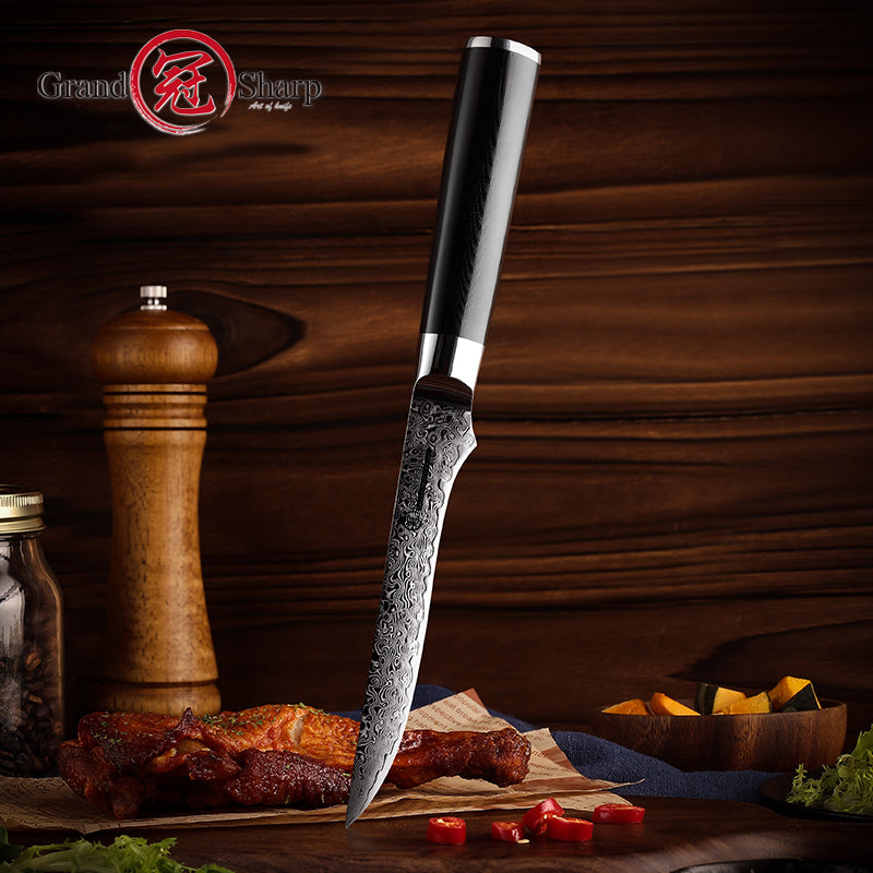 Grandsharp Black Handle 10Cr15CoMoV Damascus Boning Knife