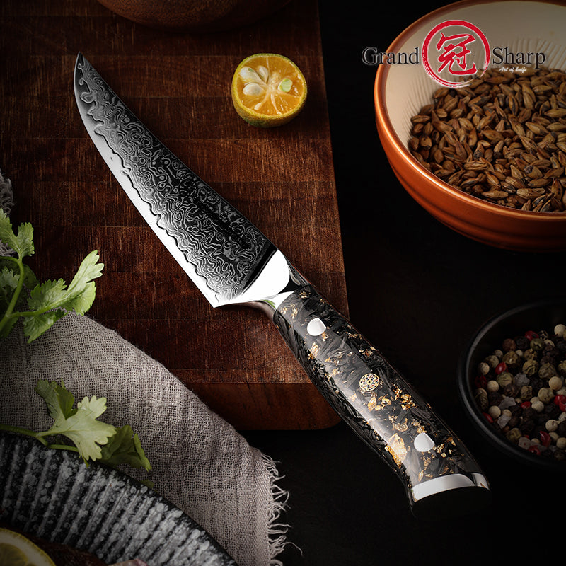 Grandsharp 67 Layers Damascus High Carbon Stainless Steel Kitchen Knife Steak Knife With Carbon Fiber and Gold-foil Resin Handle