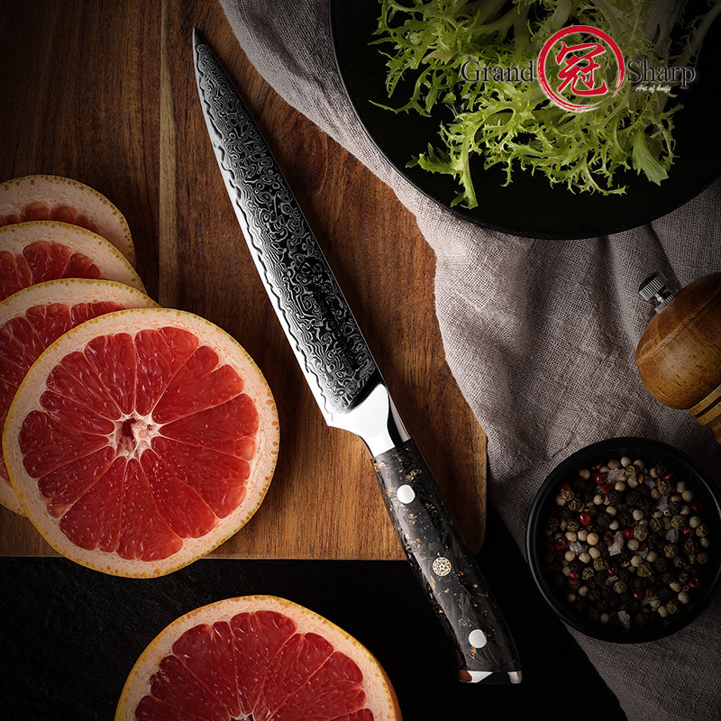 Grandsharp 5'' High Quality 67 Layers Utility Knife Damascus Steel Multi-purposes Kitchen Knife with Carbon Fiber Handle