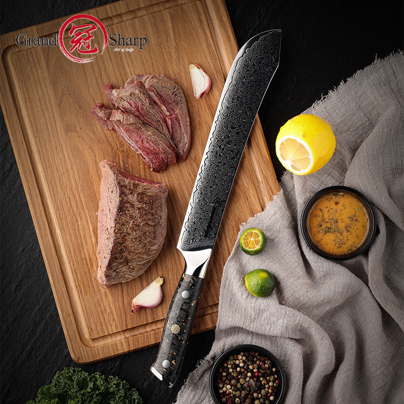 Grandsharp 9'' Damascus Slaughter Knife 67 Layer Damascus Steel Kitchen Slaughter Knives with Black Carbon Fiber Handle