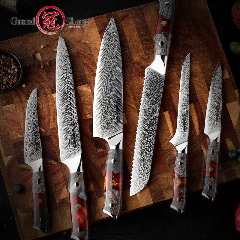 Grandsharp Damascus Steel Kitchen Knife Collection with Resin & Wood Handle