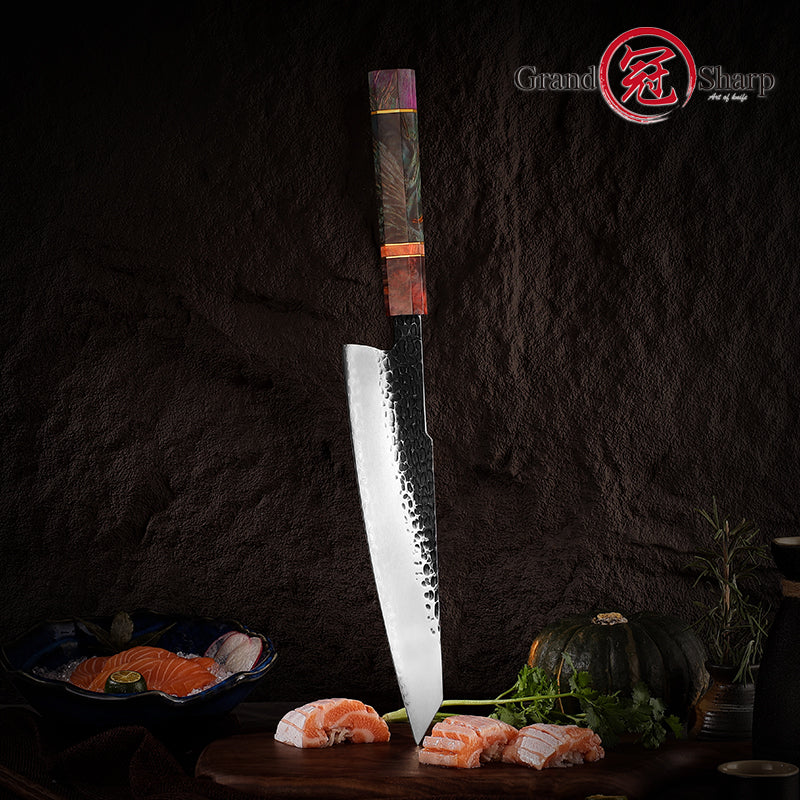 Grandsharp 9.5'' Handmade Forged Kitchen Knives 3 Layers AUS10 Steel Kiritsuke Knife Solidified Wood Handle