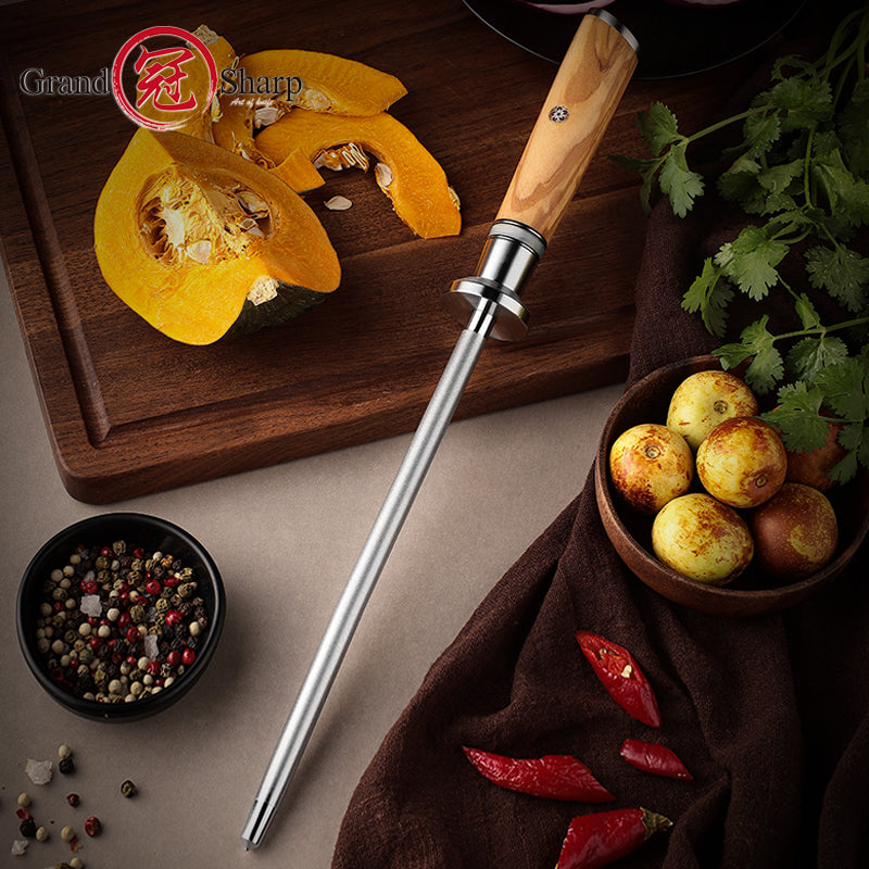 Grandsharp Professional 10 Inch Kitchen Knife Blade Sharpener Diamond Sharpening Rod Tool High Quality with Olive Wood Handle