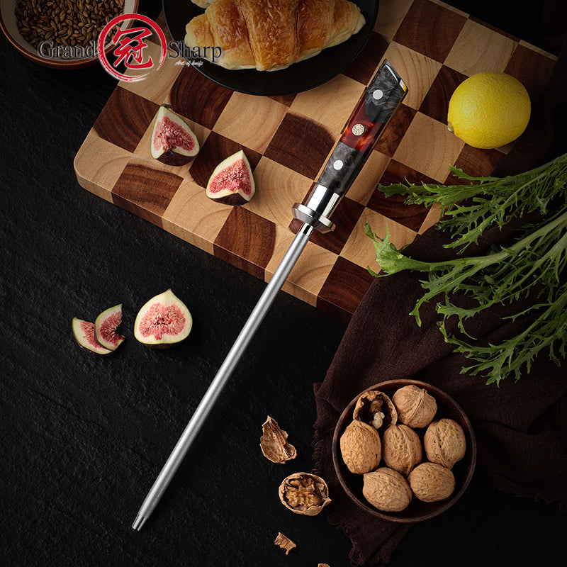 High Quality 10 Inch Kitchen Knife Blade Sharpener Diamond Sharpening Rod Tool with Solidified Wood & Red Resin Handle