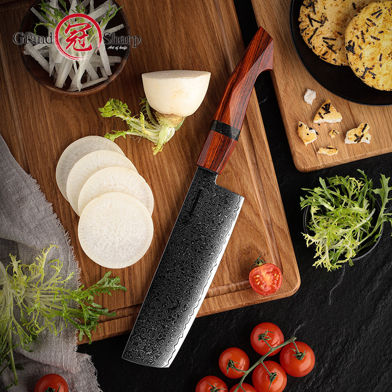 Grandsharp 7 Inch Damascus Nakiri Knife 67 Layers 10Cr15MoV Japanese Kitchen High Carbon Steel Nakiri Knife Sandal Wood Handle