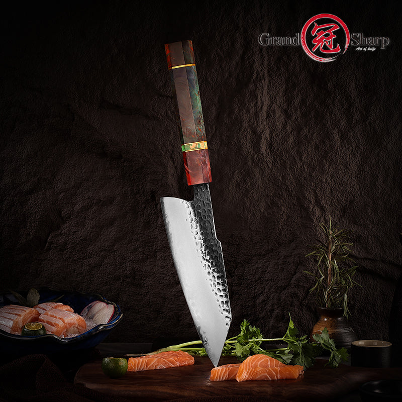 Grandsharp 7 Inch Handmade Forged 3 Layers AUS10 Steel Krirtsuke Knife Solidified Wood Handle