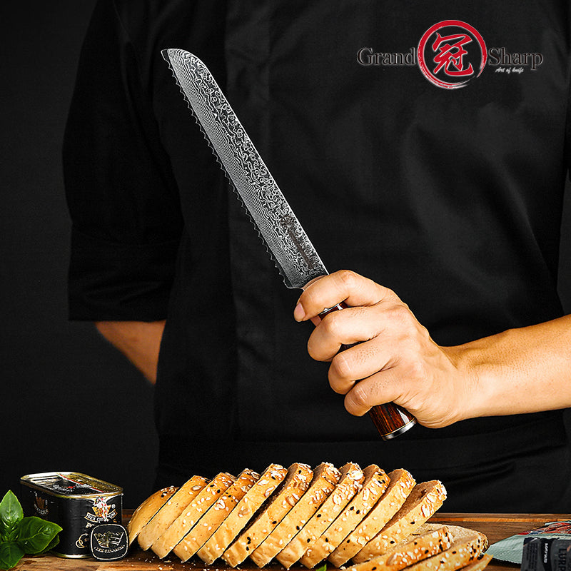 High Quality 8" Inch Ultra Sharp 67 Layers High Carbon Damascus Steel Kitchen Knife Serrated Bread Knife with Pakka Wood Handle