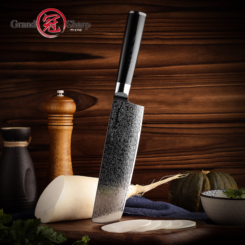 Grandsharp Black Handle 10Cr15CoMoV Damascus Nakiri Knife