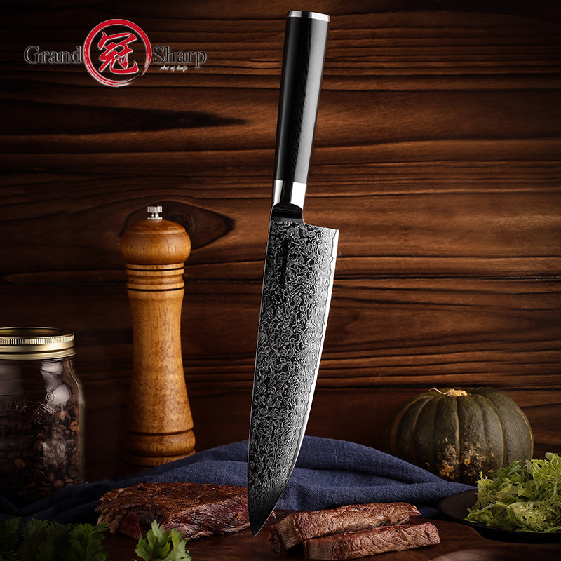 Grandsharp Black Handle 10Cr15CoMoV Damascus Chef Knife