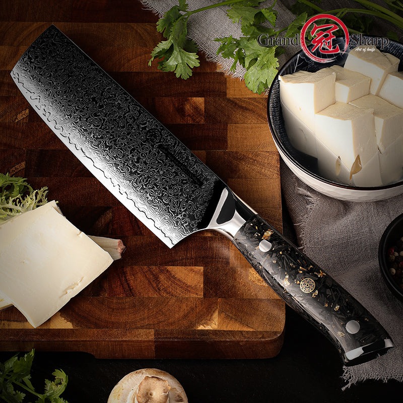 Luxury 67 Layer Damascus Steel Nakiri Knife High Quality 10cr15comov Kitchen Nakiri Knives with Gold-Foil Decoration Resin Handle
