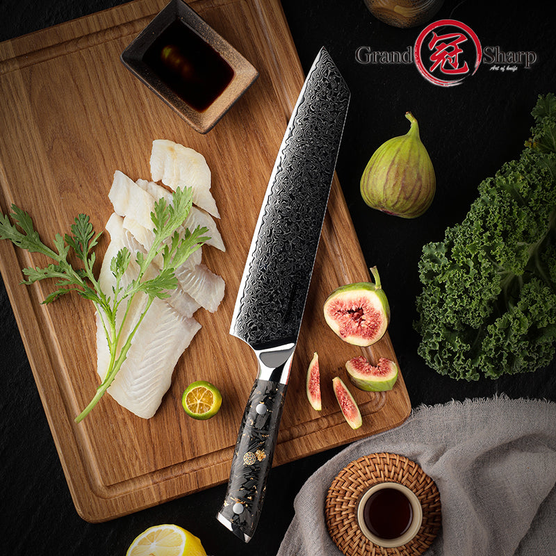 Grandsharp Damascus Premium Kiritsuke Knife High Carbon Steel with Black Carbon Fiber Resin & Gold-foil Handle