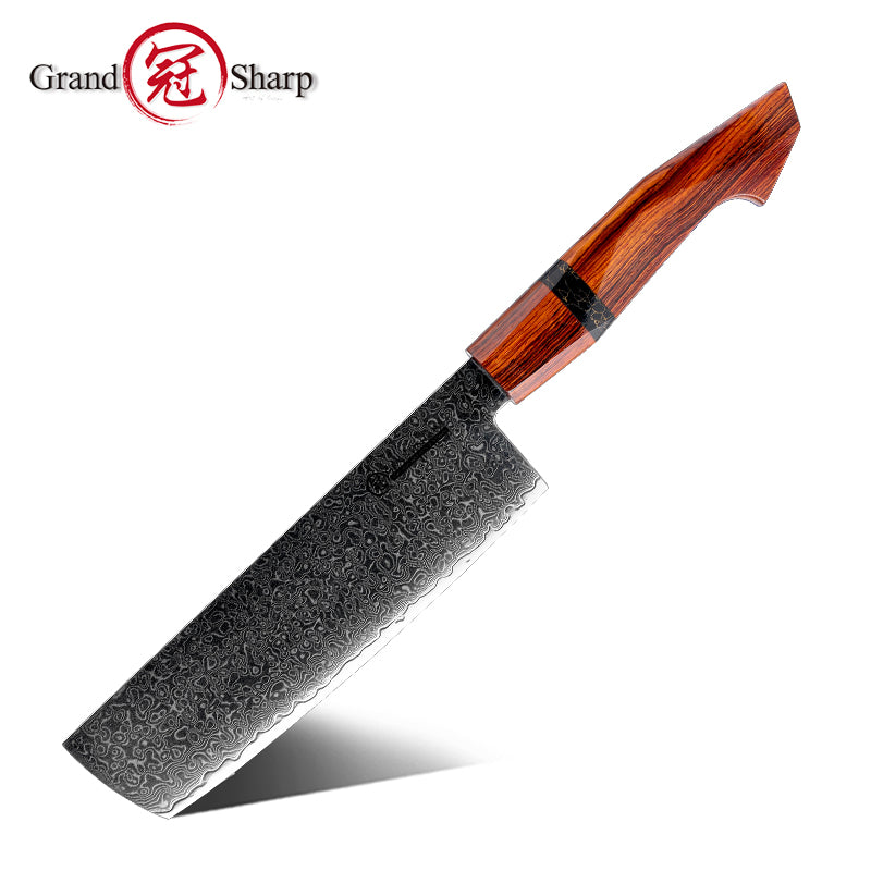 Grandsharp Handmade Damascus Nakiri Knife with Sandal Wood Handle