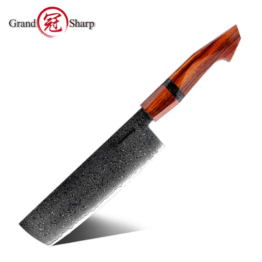 Grandsharp Handmade Damascus Nakiri Knife with Sandal Wood Handle