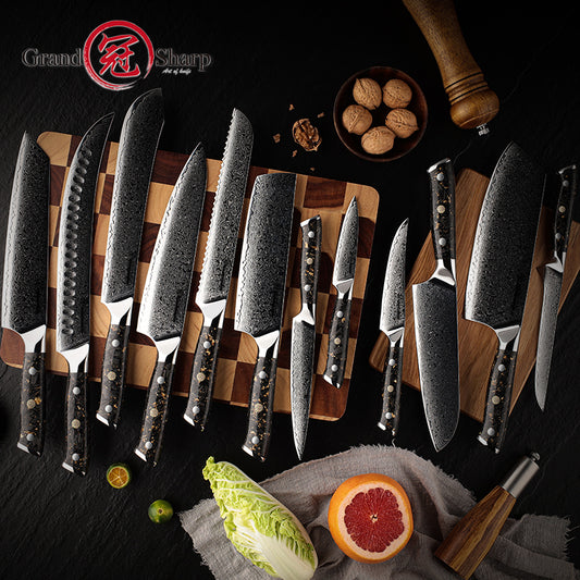 Grandsharp Premium 67 Layers Damascus Stainless Steel Kitchen Chef Knife Sets with Black Carbon Fiber and Gold-foil Resin Handle