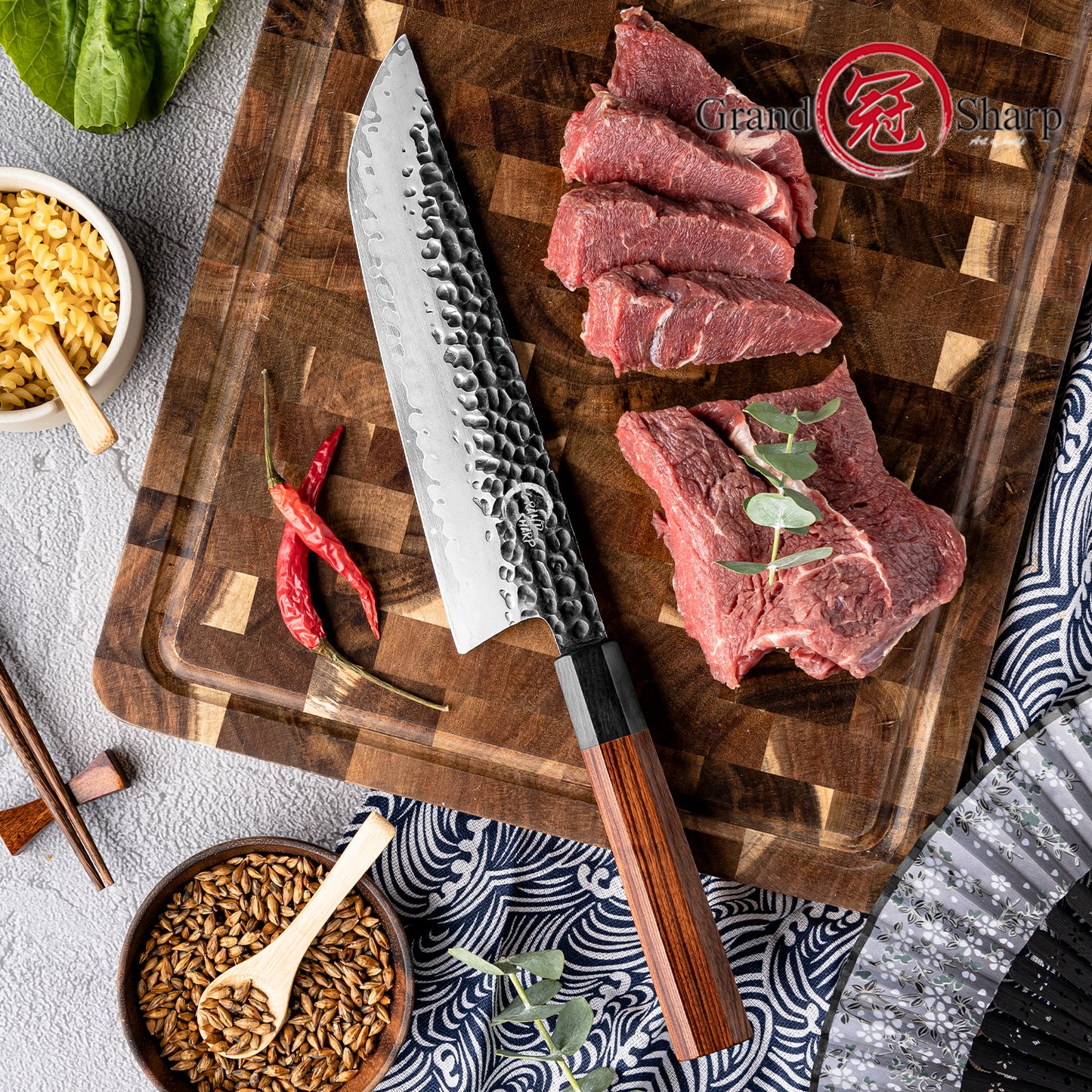 Grandsharp 8 Inch Kitchen Sakimaru Knife Handmade AUS10 Steel Sakimaru Knives Meat Cutting with Mkuruti Wood Handle