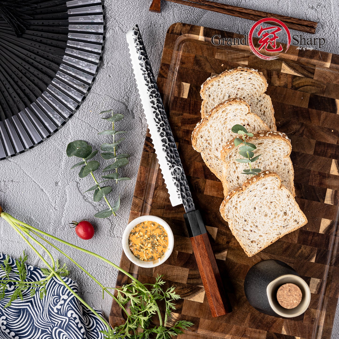 Grandsharp 10'' Bread Kitchen Knife AUS10 Steel Kitchen Chef Bread Knife Bread Cutting Knife with Mkuruti Wood Handle