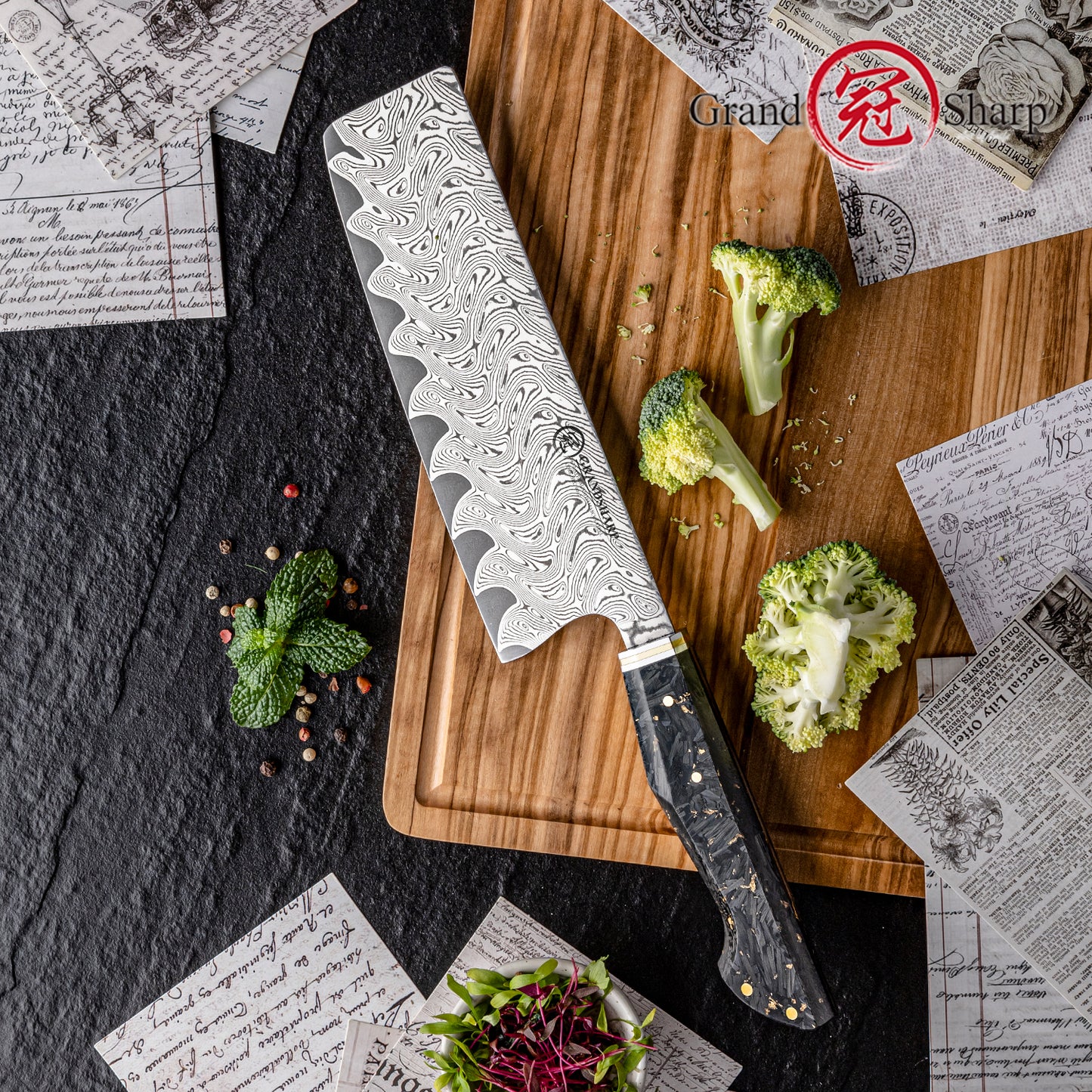 Grandsharp Damascus Steel 7 Inch Nakiri Knife Carbon Fiber Gold-foil Resin Handle