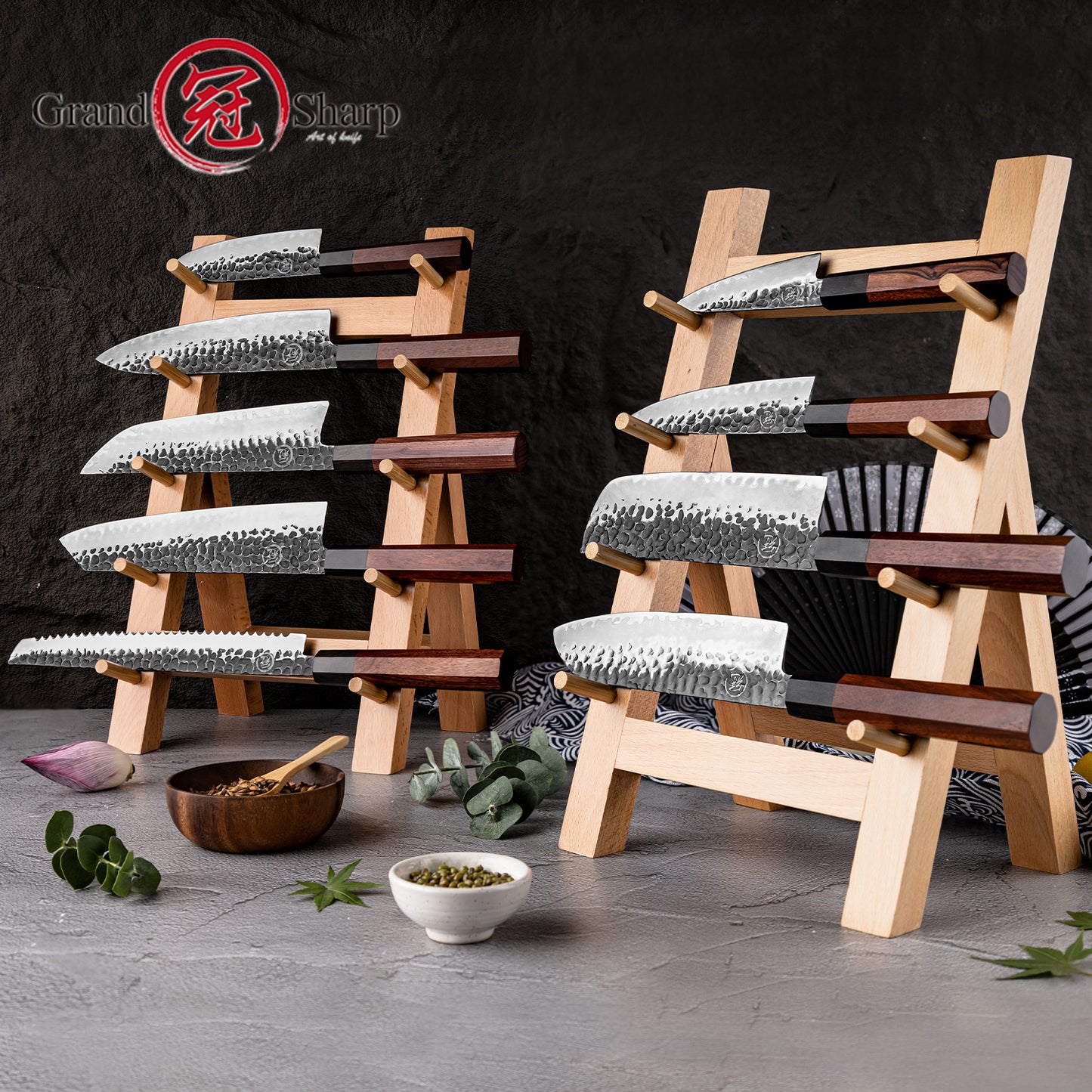 Grandsharp Handmade Forged San Mai Steel Kitchen Chef Knife Set with Mkuruti Wood Handle