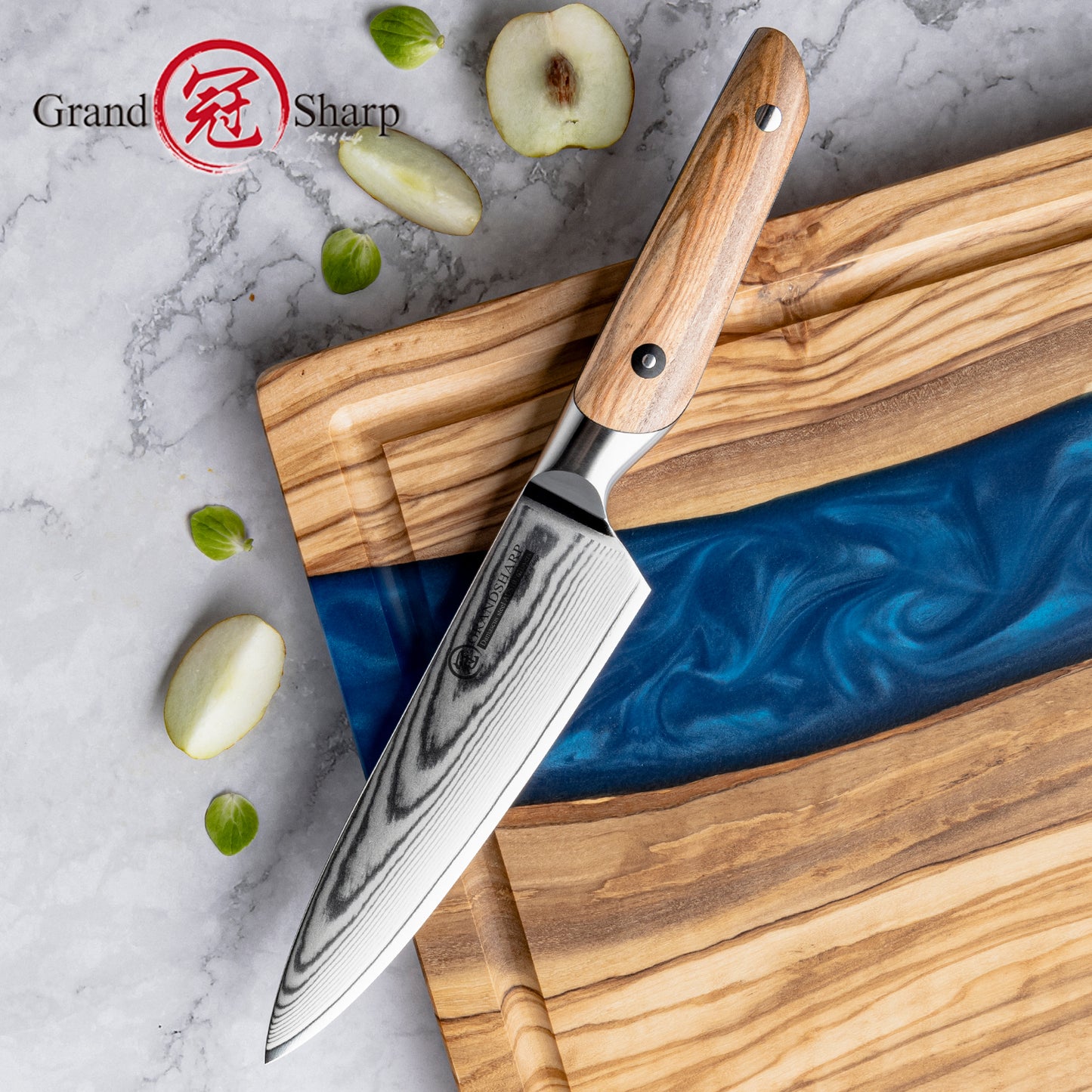 Grandsharp 5.5 Inch Japanese Damascus Steel Utility Knife 67 Layers Damascus Kitchen Utility Chef Knives with Olive Wood Handle
